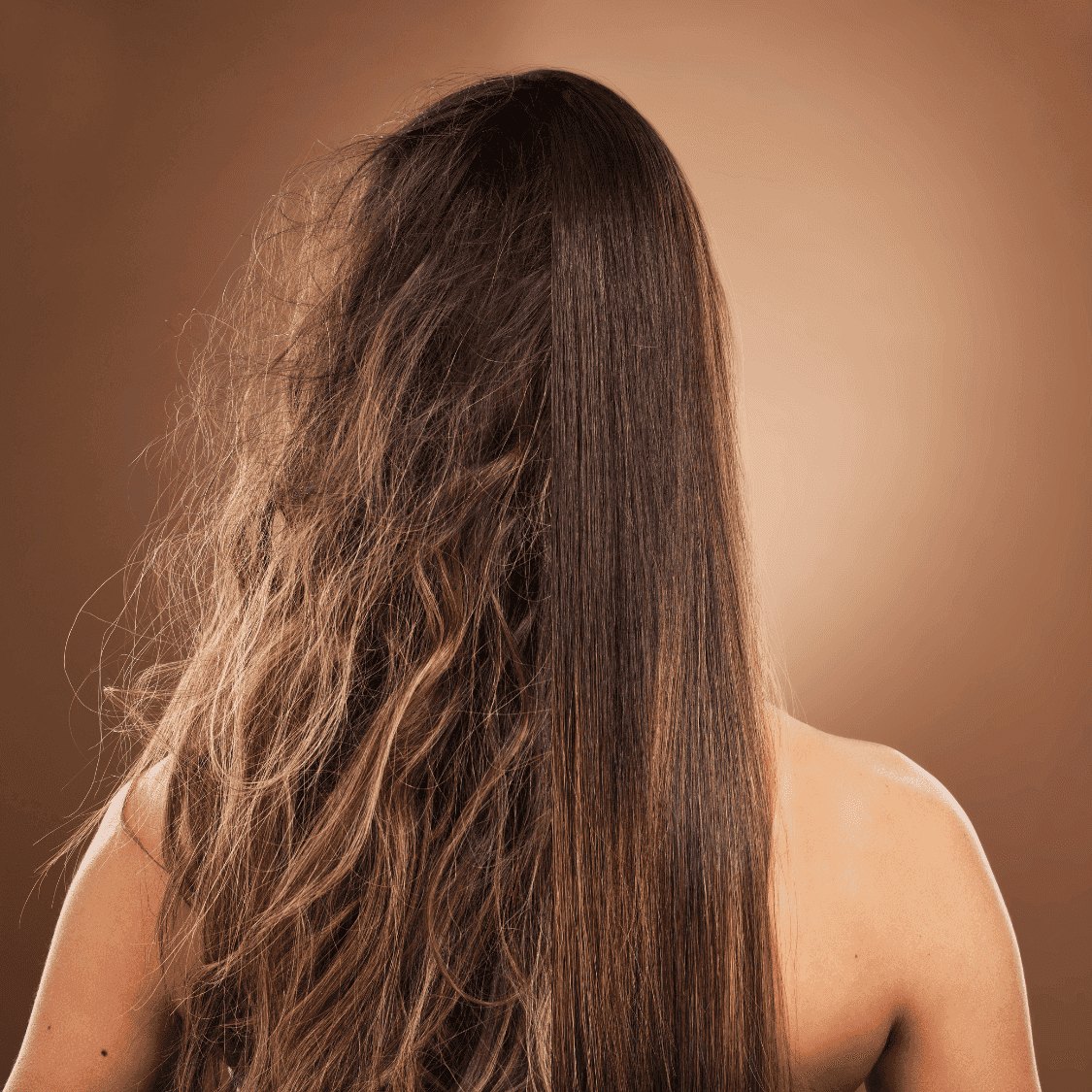 Half frizzy and half smooth hair on a woman's back, highlighting hair treatment results.