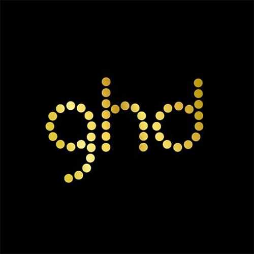 Gold dotted "ghd" logo on a black background.