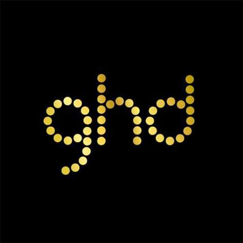 Gold dotted "ghd" logo on a black background.
